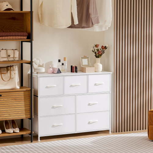 MCQ 7 Drawer Fabric Dresser, Chest of Drawer Organizer Storage Cabinet for Closet, Entryway, Bedroom, Living Room, White