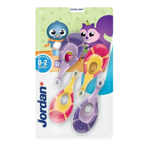Jordan* ® | Step 1 Baby Toothbrush | 0-2 Years, Soft Bristles, BPA Free | Pink & Purple | 4 Pack