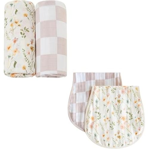 LifeTree Muslin Swaddle Blankets Neutral and Baby Burp Cloths for Newborn Girls Boys, 70% Viscose from Bamboo and 30% Cotton, Florals & Checkered
