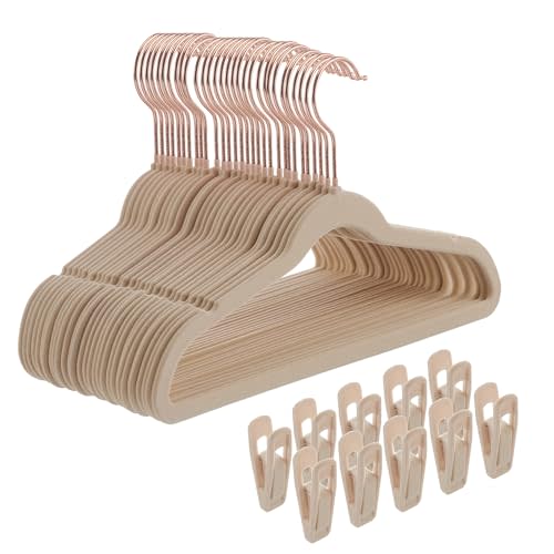 Tonswachic Kids Velvet Hangers 30 Pack - 14'' Inch Premium Non Slip Kids Felt Hangers for Clothes - Ultra Thin Baby Felt Hangers for Youth Childrens' Closet with 10 Hanger Clips - Beige
