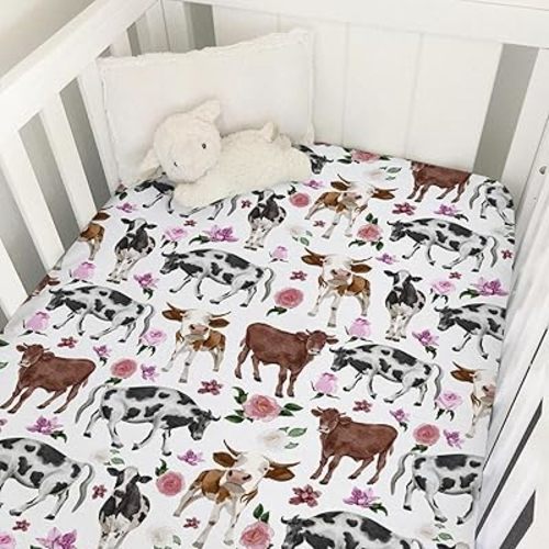 Watercolor Cows Boho Floral Baby Crib Sheets 52''x28'' Farm Cows Cattle Yak Fitted Crib Mattress Cover Sheets for Boy Girl Nursery Toddler Bed Sheets for Standard Crib and Toddler Mattresses