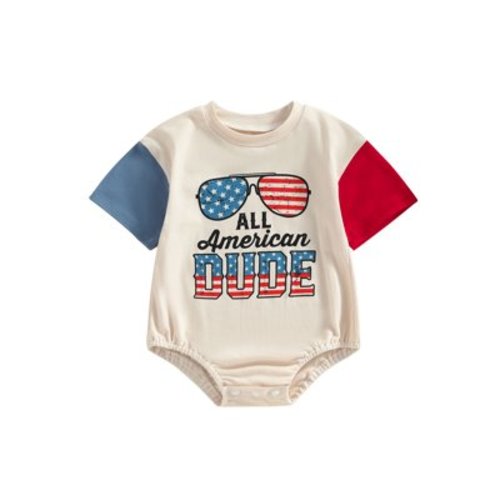 DcoolMoogl Baby Boy 4th of July Romper Short Sleeve All Amercian Dude Letter Print Oversize Bodysuit Casual Summer Onesie Clothes Apricot 6-12 Months
