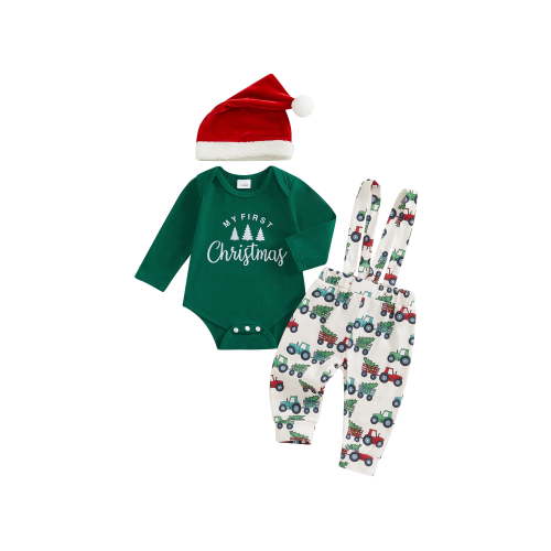 Baby Toddler Boy Christmas 3Pcs Outfit, 0 3 6 9 12 18 Months Long Sleeve Dots Printed Bow Tie Romper with Overall Pants and Hat Infant Clothing Set