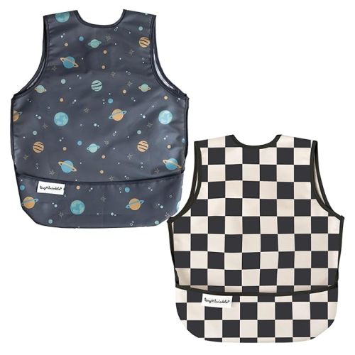 Tiny Twinkle Mess Proof Baby Bibs | 2 Pack Waterproof Toddler Bib for Eating | Baby Apron for Feeding, Machine Washable, Perfect Shower Gift (Space,Black Checkers, 6–24M)