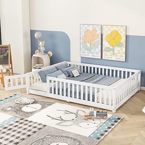 Bellemave Full Floor Bed with Slats and Safety Guardrails, Kids Montessori Floor Beds with Fence and Door, Easy Assemble Floor Bed for Kids, Girls, Boys, White