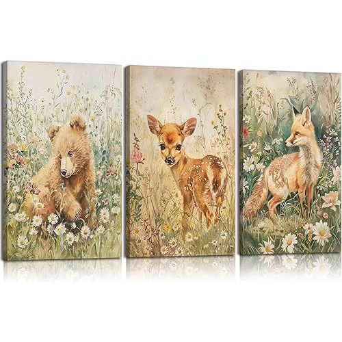 3Pcs Woodland Animal Nursery Canvas Wall Art Forest Animal Nursery Poster Prints Cute Wild Animals Painting Bear Deer Fox Artwork Picture Wall Decor for Boys Girls Room Playroom 12x16in Framed