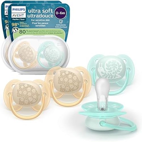 Philips Avent Ultra Soft Pacifiers - Orthodontic Design, for Babies 0-6 Months, Flexible Shield, Silicone Symmetrical Nipple, BPA-Free, 2 Sterilizing Cases, 4 Pack, SCF091/49
