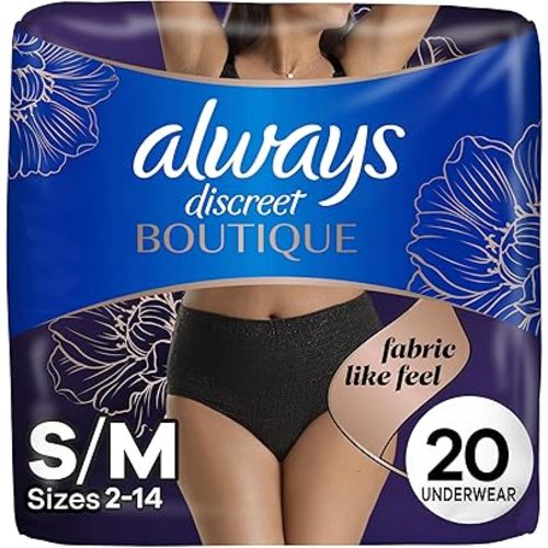 Always Discreet Boutique Incontinence and Postpartum Underwear for Women, Maximum Protection, S/M, Black, 20 Count (Packaging May Vary)