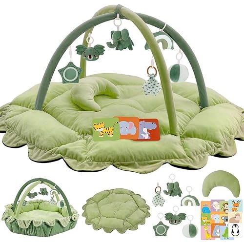 5-in-1 Plush Baby Play Gym, Tummy time mat, Play Mat, Baby Gym, Activity Mat with Convertible Gym and Pillow, 6 Sensory Toys, Play Center from Newborn to Toddler, Green