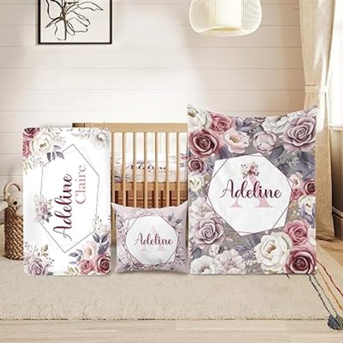 Personalized Crib Bedding Set for Girls, Boho Floral Baby Bedding Sets with Custom Name - Plush Blanket Fitted Sheet Pillowcase for Newborn Nursery Gift