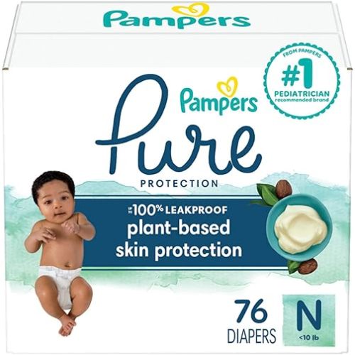 Pampers Pure Protection Baby Diapers, Size 0 (>10 lbs) Count, 76, Up to 100% Leakproof, Premium Plant-Based Skin Protection, Hypoallergenic Soft Diapers