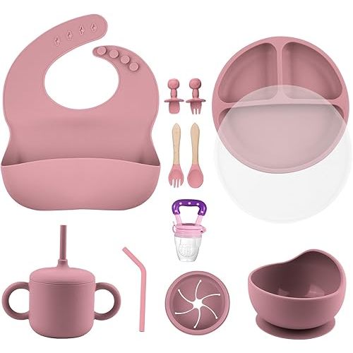Silicone Baby Feeding Set, Baby Spoons Self Feeding 6 months, Baby Suction Bowl, Plates, Bib, Spoons set, Baby Led Weaning Supplies to Develop Self-feeding Skills, Dishwasher Safe (Pink, With Lid)