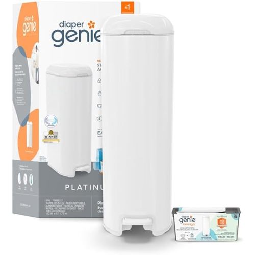 Diaper Genie Platinum Diaper Pail, White - Made in Durable Stainless Steel and Includes 1 Easy Roll Refill with 18 bags