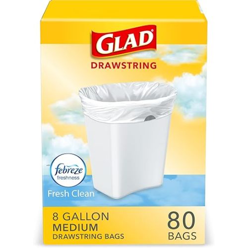 Glad Medium Trash Bags, 8 Gallon, Febreze Fresh Clean Garbage Bags, With Odor Control and Drawstring, 80 Count