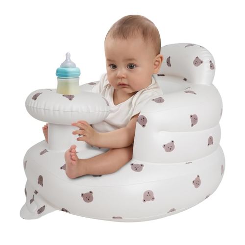 Zenflux Inflatable Baby Chairs with Tray for Babies 3 Months and Up, Sit Me Up Floor Seats for Sitting Up, Built in Air Pump Baby Seats for Kids, Blow Up Baby Chair with Back Support - Cute Bear