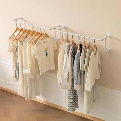 Clothes Racks, Industrial Pipe Clothing Racks for Hanging Clothes, Wall Mounted Heavy Duty Space Saving Garment Racks, Multi-Purpose Clothing Hanging Rods for Closet Storage, White, 2Pcs