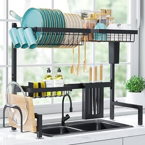 Dish Drying Rack - Large Over The Sink Dish Drainer Drying Rack (30.0" to 33.9" W), Large Capacity Stainless Steel Dish Rack, Multifunctional Kitchen Organizers and Storage Rack, Black