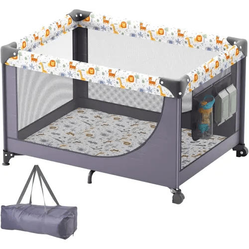 VEVOR Baby Travel Crib and Play Yard, Folding Baby Playpen with Soft Mattress Pad, Portable Toddlers Crib with Breathable Mesh and Travel Bag, Indoor/Outdoor Kid Activity Center for 0-36 Months Babies