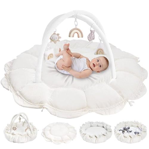 5-in-1 Convertible Baby Play Gym with 6 Toys, Tummy Time Mat for Sensory Development, Baby Activity Center from Newborn to Toddler, Ball Pit, Cat & Dog Bed, Soft Plush Pet Bed, No Ball Included White