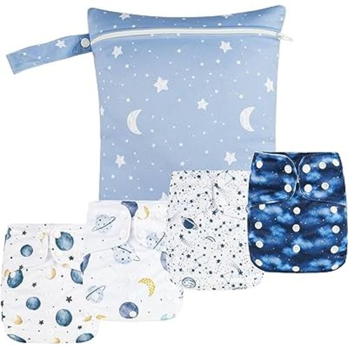 HappyFlute 9 Sets Newborn Baby Cloth Pocket Diapers Adjustable Reusable for Baby Boys and Girls(6-33 pounds,0-3 Years),One Wet Bag+4Diapers and 4Inserts (AD09)