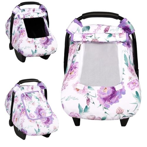 Car Seat Cover Baby, HNHUAMING Infant Car Seat Covers Canopy for Baby Girl Boy, Cozy & Windproof Newborn Carseat Covers Minky Dot Backing Stroller Cover with Breathable Mesh Window, Purple Flower
