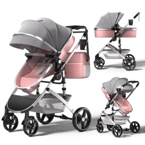 TEAYINGDE 2 in 1 Baby Stroller,Foldable Lightweight Carriage Reversible Bassinet Pram for Toddler,Travel Stroller with with Cup Holder、Storage Bag,Pink
