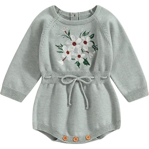 ZAXARRA Baby Girl Sweater Romper Baby Girl Knit Sweater Embroidery Flower Sweatshirt Romper Infant Fall Clothes - Green - 6-12 Months