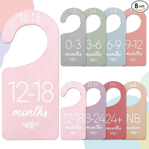 Whaline 8Pcs Baby Closet Dividers Boho Design Hanging Wooden Colorful Baby Closet Size Hanger Organizer Double-Sided Newborn to 24 Months Thicken Baby Wardrobe Organizer