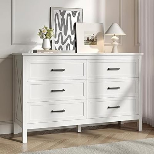 Farmhouse 6 Drawers Dresser for Bedroom, Wood Rustic Wide Chest with Metal Handles, Double Dressers for Hallway, Entryway, White
