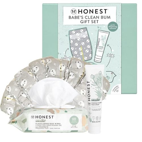 The Honest Company Babe's Clean Bum Gift Set | Diapering + Newborn Essentials | 99% Water Wipes (60 ct), Diaper Rash Cream (2.5 oz), Clean Conscious Diapers (Size 1, 7 ct)