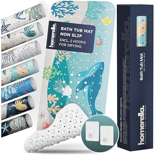 Homerella Baby Bath Tub Mat | Anti Mold Mildew Resistant Non Slip Kids and Adult Bath Tub Shower Mats | 40x16 inch Long with Suction Cups for Secure Grip Hooks for Storage & Drying | Machine Washable