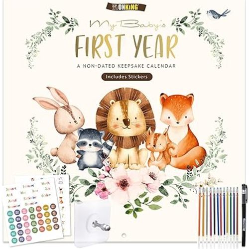 Baby's First Year Calendar with Stickers by Bright Day - 1st Year Tracker - Baby Memory Book for Girls to Document and Cherish Baby First Year Milestones,- Milestone Keepsake for Baby Boy with Pocket