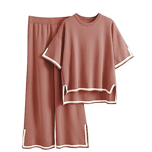 Tanming Sweater Sets Women 2 Piece Lounge Sets Short Sleeve Knit Pullover Tops Wide Leg Pants
