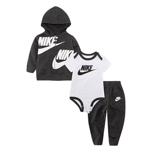 Nike Baby Boys Full Zip Hoodie, Short Sleeve Bodysuit & Pants 3 Piece Set (Black Heather(5UF468-K08)/White, 6 Months)