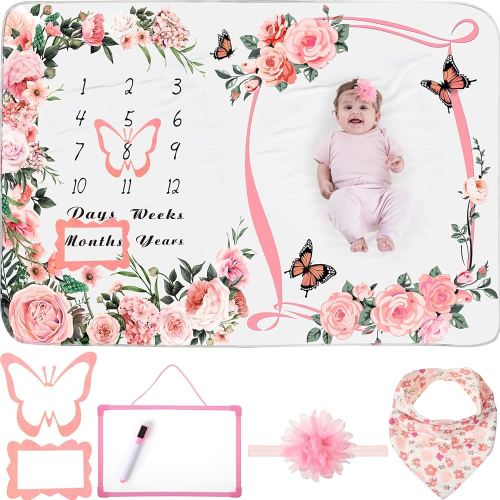 Chumia 6 Pcs Baby Monthly Milestone Blanket for Girl 60" x 40" Butterfly Milestone Blanket Age Photo Photography Backdrop with Newborn Calendar Growth Chart Bib Headband(Pink,Cute Pattern)