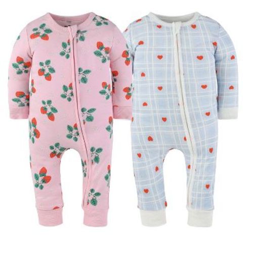 The Peanutshell Strawberry Sweet Treats Cotton Footless Pajamas for Girls, 3-6 Months, 2 Pack