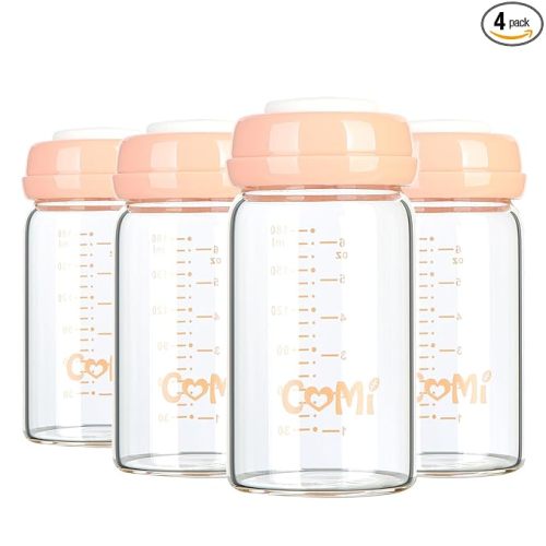 COMI Wide Neck Glass Breastmilk Collection n Storage Bottle, 4 Packs, 6oz with Screw Ring Sealing Disk; Re-markable Sealing Disc. BPA Free, Fits Breast Pumps & Nipples (4 Pink Lids)