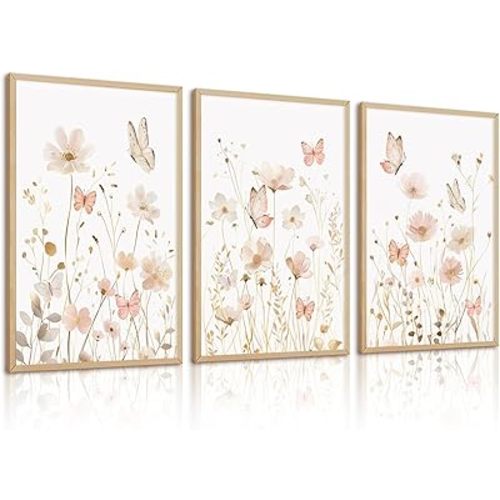 Pink Floral Wall Art Vintage Nursery Wildflower Canvas Wall Decor Watercolor Flower Prints Pink Boho Botanical Poster Butterfly Pictures Gold Beige Floral Painting for Bedroom 12x16 Inch Unframed 3pcs