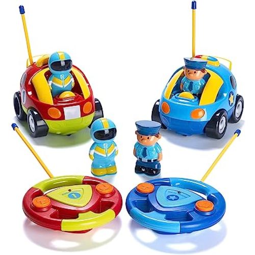 PREXTEX 2 Pack Cartoon Remote Control Cars - Police Car and Race Car for Toddlers - RC Cars for Kids with Different Frequencies - Easy Remote Control Toy for Boys and Girls - Toddler Gifts 18+ Months