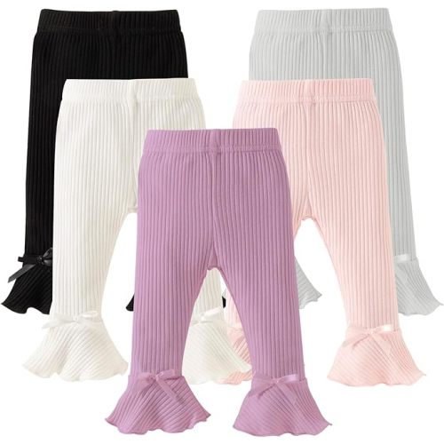 DREAM BUS 5 Pack Baby Pants Toddler Girl Ribbed Ruffle Bell Bottoms Toddler Leggings Baby Boy Pants Newborn Girl Flare Pants