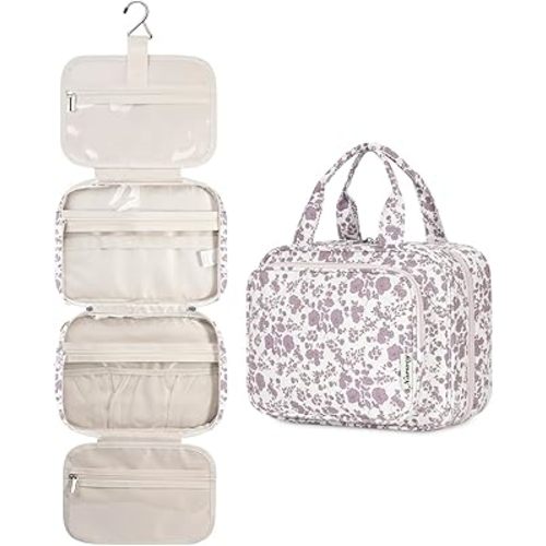 Narwey Hanging Floral Toiletry Bag for Women Travel Makeup Bag Organizer Toiletries Bag for Travel Size Essentials Accessories Cosmetics (Dusty Pink Flower (Medium))