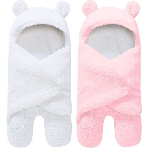 2 Pack Ultra Warm Sherpa Plush Baby Swaddle Wrap - Newborn Essentials for 0-6 Months - Shower Gifts for Boys Girls - Pink and White