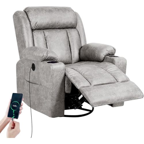 LEVELEVE Retro Rocking Recliner Chair, Massage Rocker Recliner Chair with Vibration Massage and Heat, USB and Type-C Ports,360° Swivel Chairs, Living Room, Bedroom, Nursery, RV, Light Grey