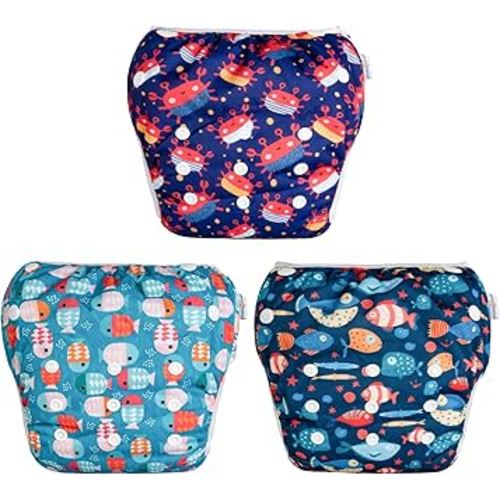 Babygoal Baby Boy Swim Diapers 3 Pack for 0-8 Months Infant, Reusable Adjustable Washable for Swimming Lessons-Crab,Fish,Starfish