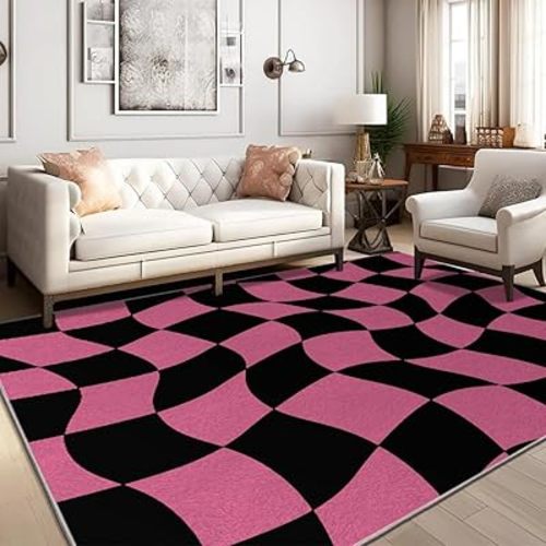 Pink and Black Distortion Large Checkered Area Rug, 3x4 ft 3D Rugs Optical Illusion for Living Room, Modern Style Rug, Short Pile Soft Washable Indoor Rug, for Room Classroom Dorm