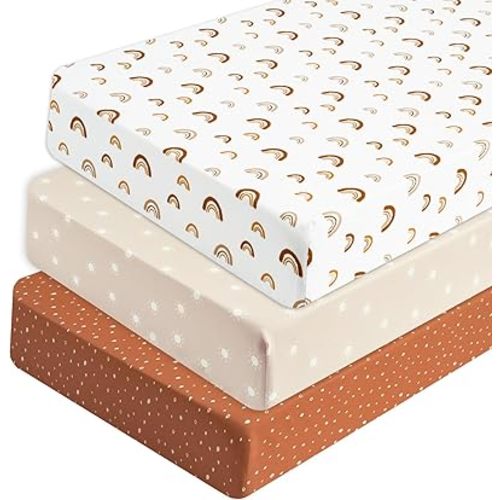 PHF 3 Pack Soft Rainbow Crib Sheets Fitted, Silky Comfy Breathable Baby Sheets for Boys Girls Neutral, 28x52 Inches Fits Standard Crib and Toddler Mattresses, Rainbow