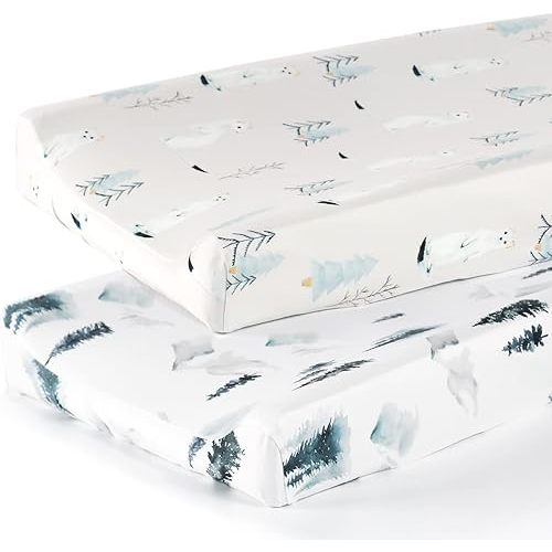 GRSSDER Stretch Ultra Soft Jersey Knit Changing Pad Cover Set 2 Pack, Change Table Pad Covers Fit 32"/34" x 16" Pads Safe and Snug, Cute Wild Forest Mongooses for Baby