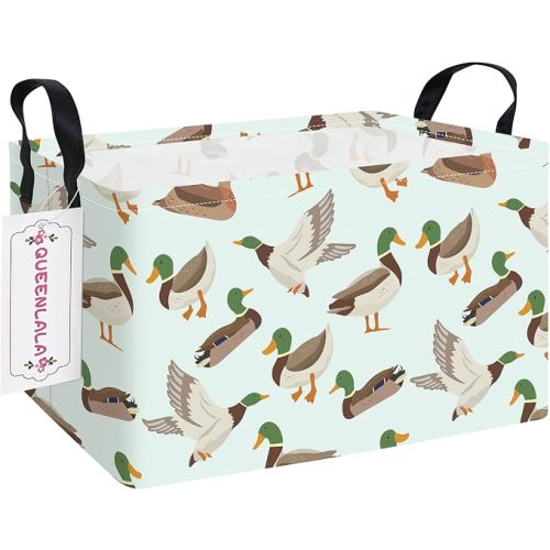 Rectangular Collapsible Laundry Basket with Side Handles, Mallard Duck