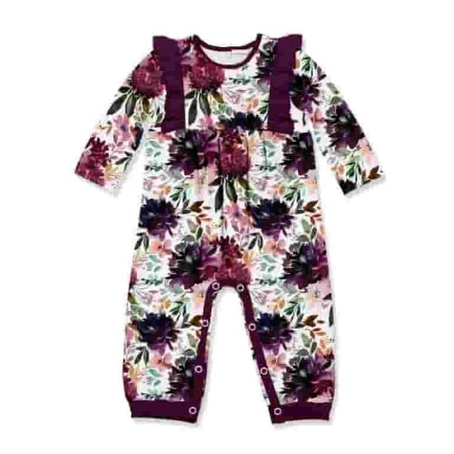 Millie Loves Lily Infant Baby Girl Plum Floral Ruffle Trim Playsuit Size (3M-2T)