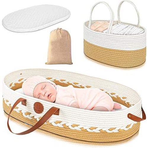 Moses Basket for Newborn, Foam Pad Changing Basket with Waterproof Cover, Baby Changing Basket with Diaper Caddy, Cloth Tote Bag for Traveling with The Set, Portable Boho Set